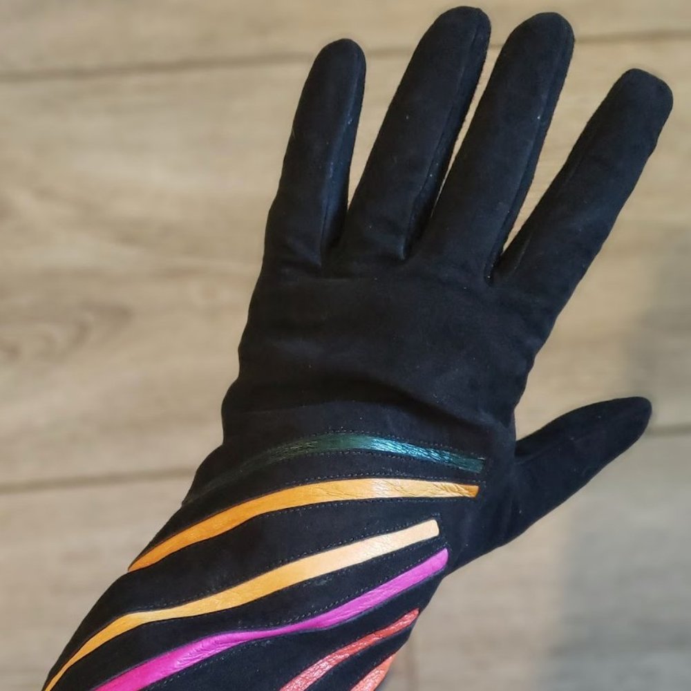 Funky Black suede gloves with colourful leather inserts!
